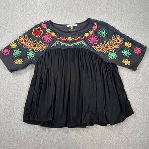Free Generation Yarn Embroidered Babydoll Top Size Small Black Colorful Boho